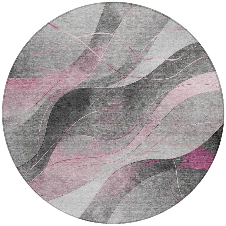 8' Pink Gray And Silver Round Abstract Washable Indoor Outdoor Area Rug