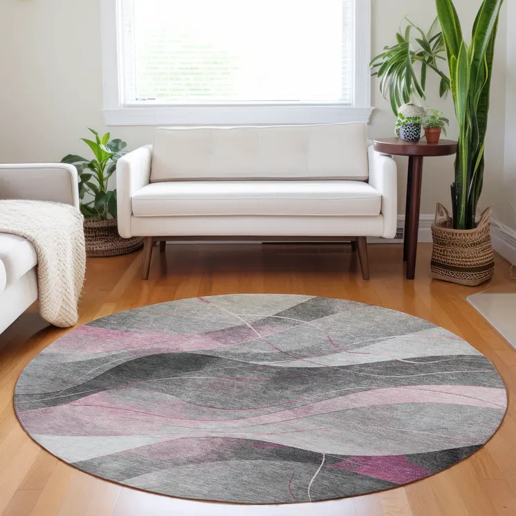 8' Pink Gray And Silver Round Abstract Washable Indoor Outdoor Area Rug