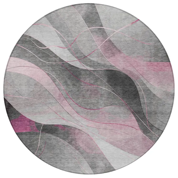 8' Pink Gray And Silver Round Abstract Washable Indoor Outdoor Area Rug