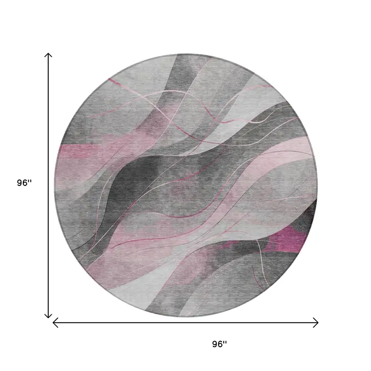 8' Pink Gray And Silver Round Abstract Washable Indoor Outdoor Area Rug