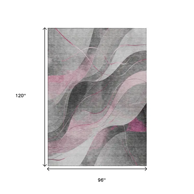 8' X 10' Pink Gray And Silver Abstract Washable Indoor Outdoor Area Rug