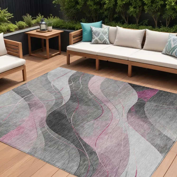 8' X 10' Pink Gray And Silver Abstract Washable Indoor Outdoor Area Rug