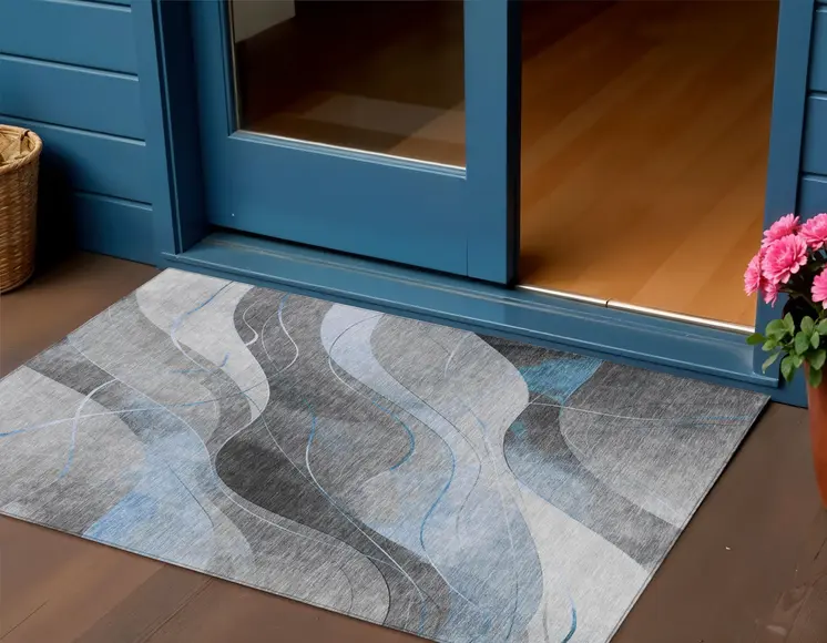 3' X 5' Sky Blue Gray And Silver Abstract Washable Indoor Outdoor Area Rug