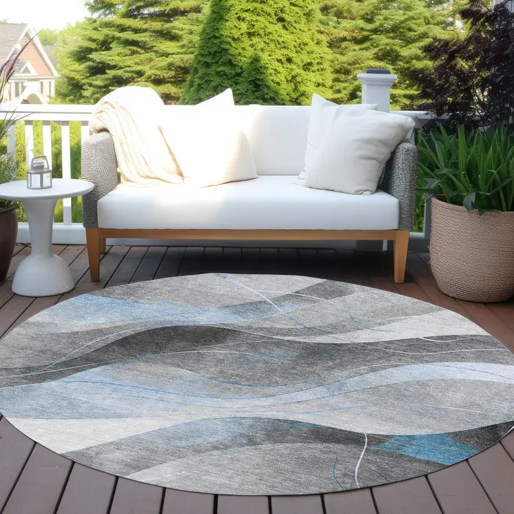 8' Sky Blue Gray And Silver Round Abstract Washable Indoor Outdoor Area Rug