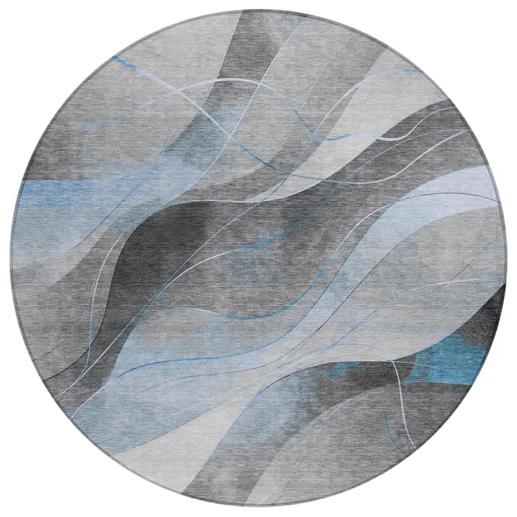 8' Sky Blue Gray And Silver Round Abstract Washable Indoor Outdoor Area Rug