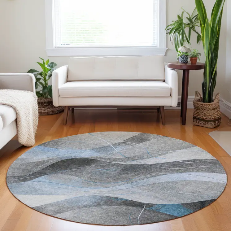 8' Sky Blue Gray And Silver Round Abstract Washable Indoor Outdoor Area Rug