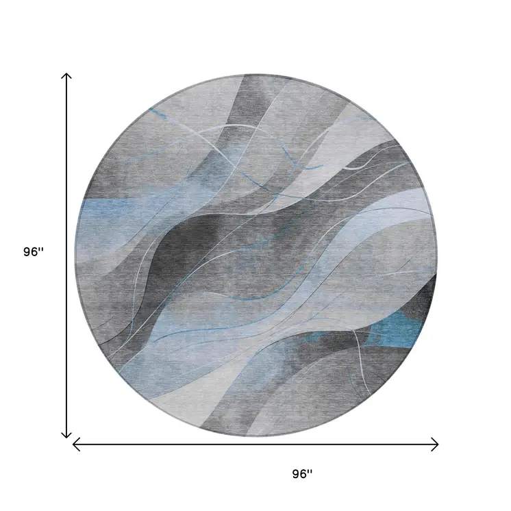8' Sky Blue Gray And Silver Round Abstract Washable Indoor Outdoor Area Rug