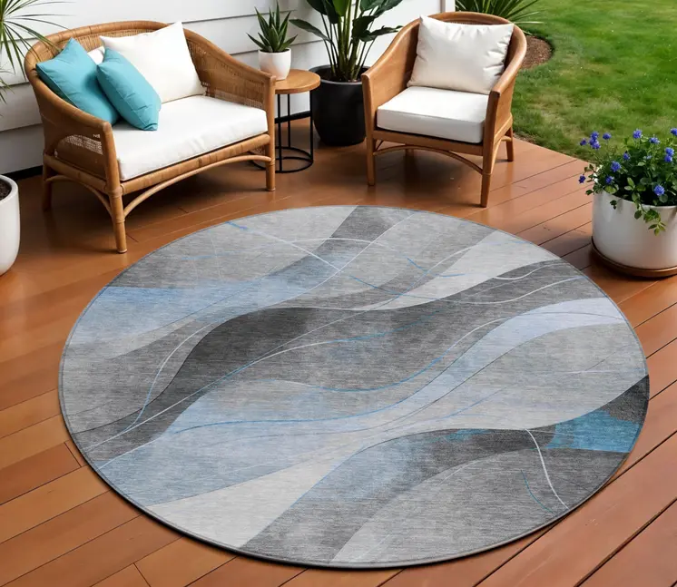 8' Sky Blue Gray And Silver Round Abstract Washable Indoor Outdoor Area Rug