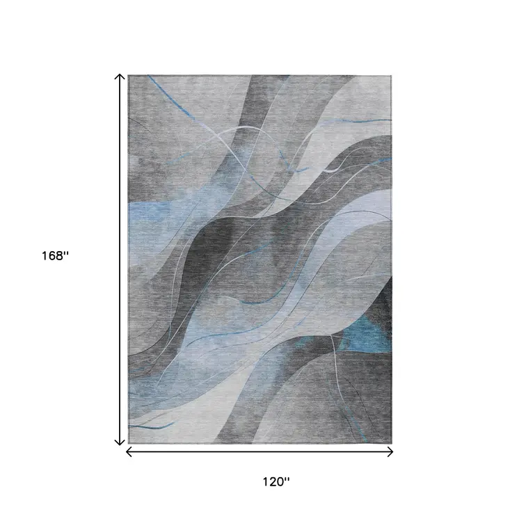 10' X 14' Sky Blue Gray And Silver Abstract Washable Indoor Outdoor Area Rug