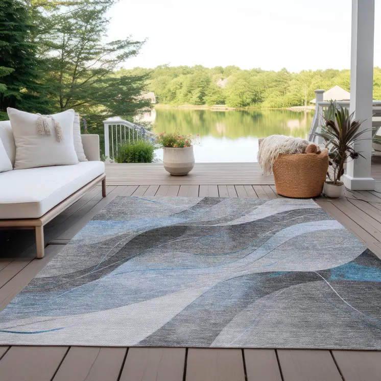 10' X 14' Sky Blue Gray And Silver Abstract Washable Indoor Outdoor Area Rug