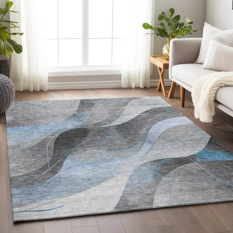 10' X 14' Sky Blue Gray And Silver Abstract Washable Indoor Outdoor Area Rug