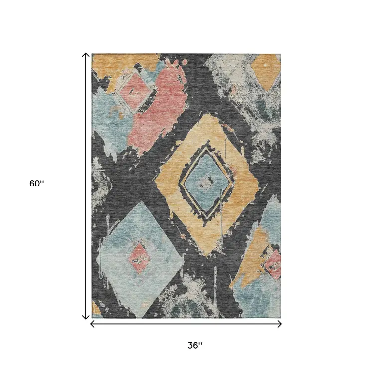 3' X 5' Charcoal Gold And Coral Geometric Washable Indoor Outdoor Area Rug