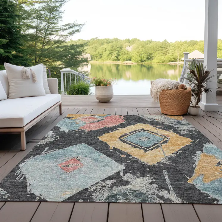3' X 5' Charcoal Gold And Coral Geometric Washable Indoor Outdoor Area Rug