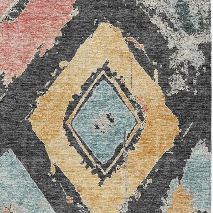 3' X 5' Charcoal Gold And Coral Geometric Washable Indoor Outdoor Area Rug