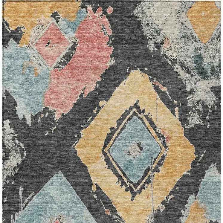 5' X 8' Charcoal Gold And Coral Geometric Washable Indoor Outdoor Area Rug