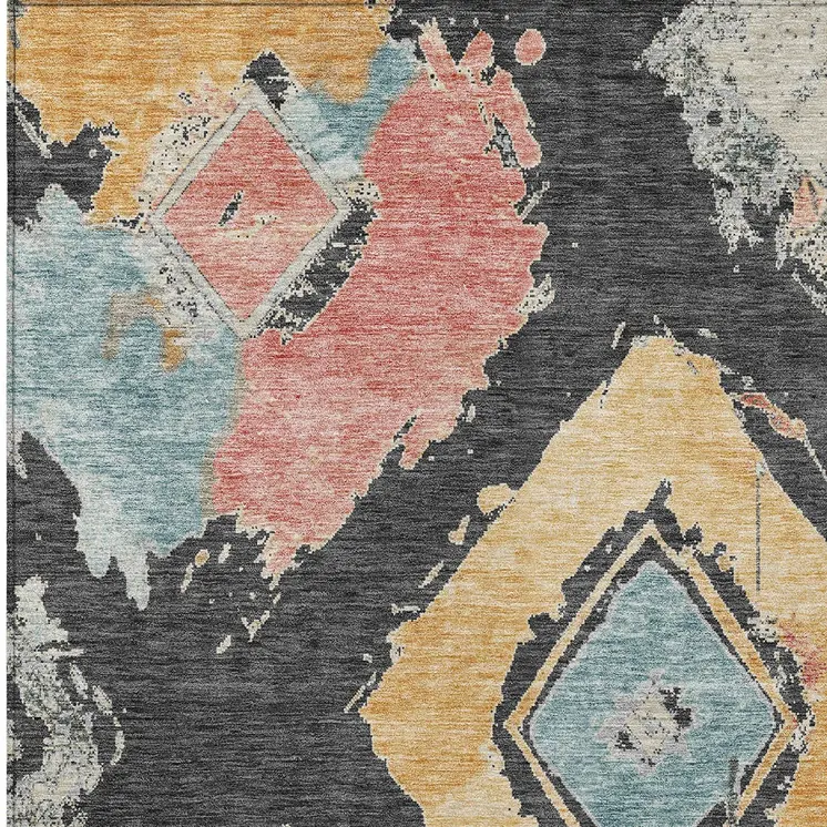 5' X 8' Charcoal Gold And Coral Geometric Washable Indoor Outdoor Area Rug
