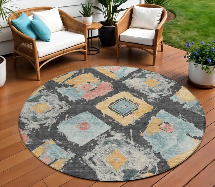 8' Charcoal Gold And Coral Round Geometric Washable Indoor Outdoor Area Rug