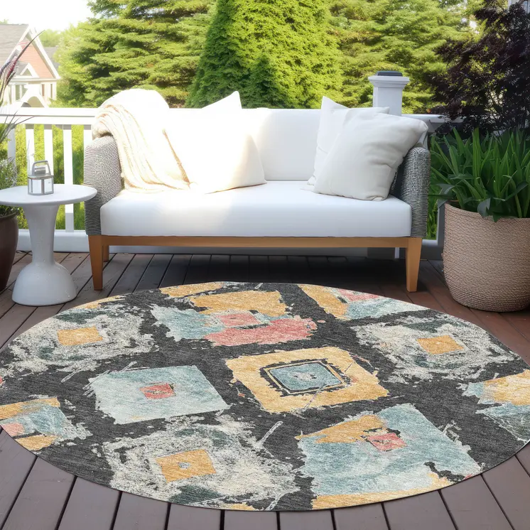 8' Charcoal Gold And Coral Round Geometric Washable Indoor Outdoor Area Rug