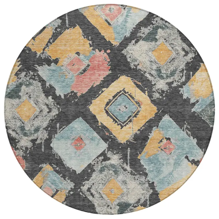 8' Charcoal Gold And Coral Round Geometric Washable Indoor Outdoor Area Rug