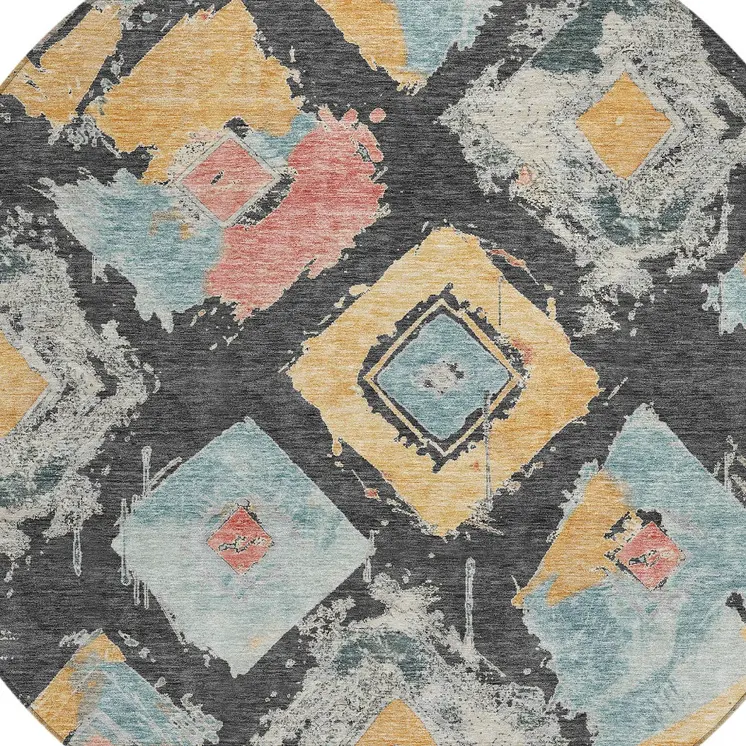 8' Charcoal Gold And Coral Round Geometric Washable Indoor Outdoor Area Rug