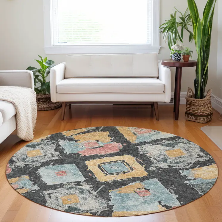 8' Charcoal Gold And Coral Round Geometric Washable Indoor Outdoor Area Rug