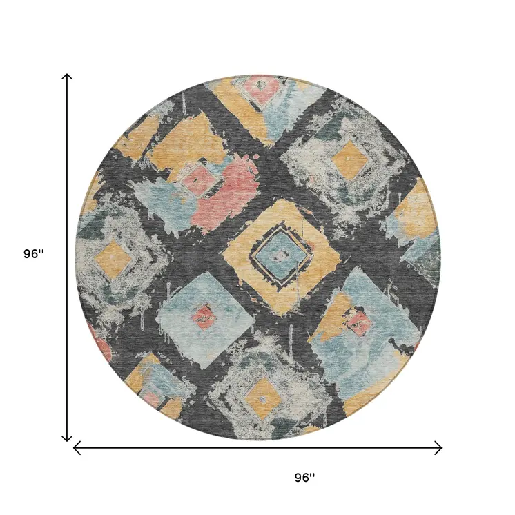 8' Charcoal Gold And Coral Round Geometric Washable Indoor Outdoor Area Rug
