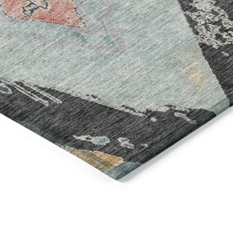 10' X 14' Charcoal Gold And Coral Geometric Washable Indoor Outdoor Area Rug