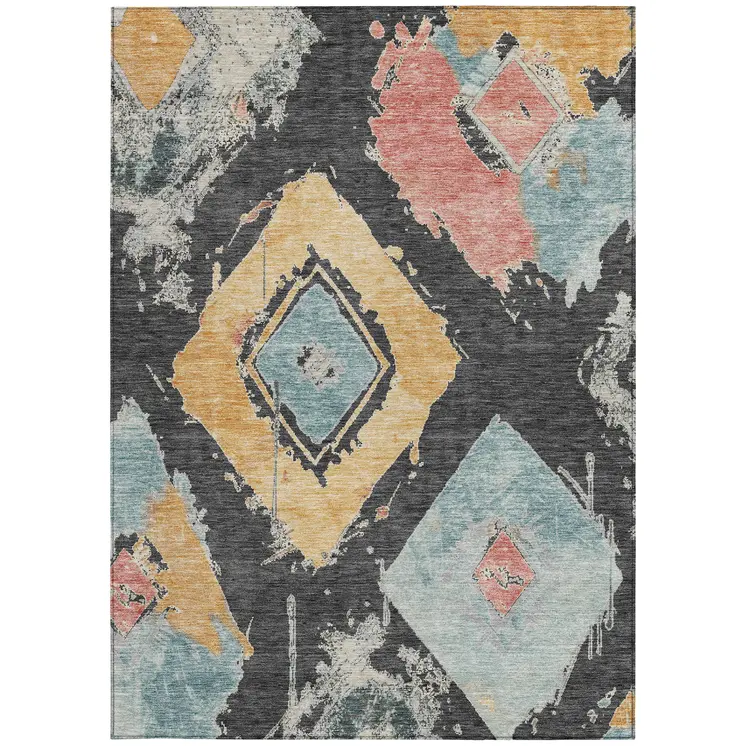 10' X 14' Charcoal Gold And Coral Geometric Washable Indoor Outdoor Area Rug