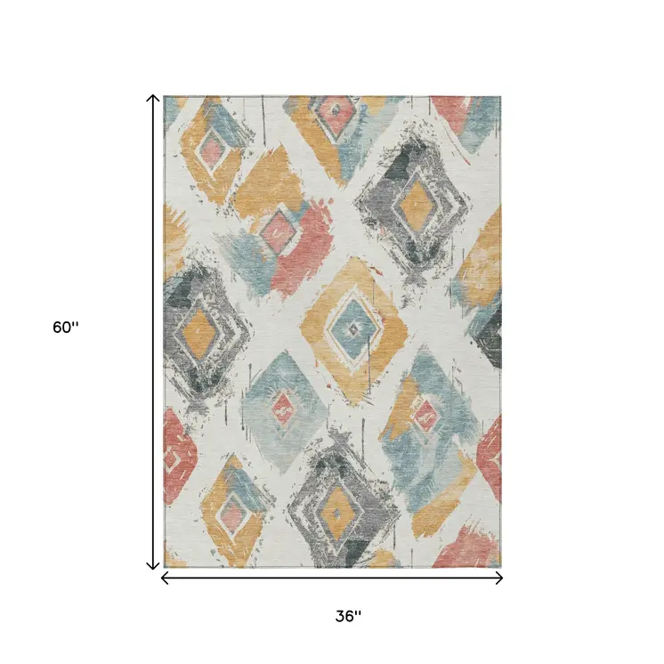 3' X 5' Ivory Gray Gold And Blush Geometric Washable Indoor Outdoor Area Rug