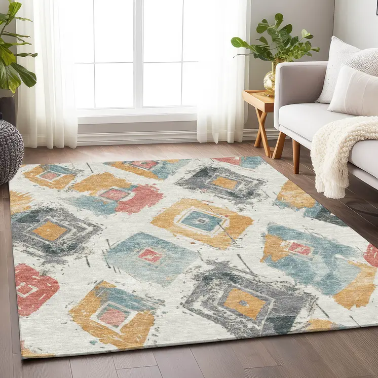 3' X 5' Ivory Gray Gold And Blush Geometric Washable Indoor Outdoor Area Rug