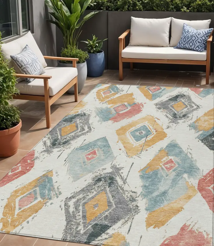 5' X 8' Ivory Gray Gold And Blush Geometric Washable Indoor Outdoor Area Rug