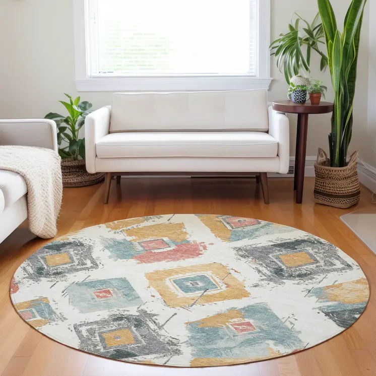 8' Ivory Gray Gold And Blush Round Geometric Washable Indoor Outdoor Area Rug