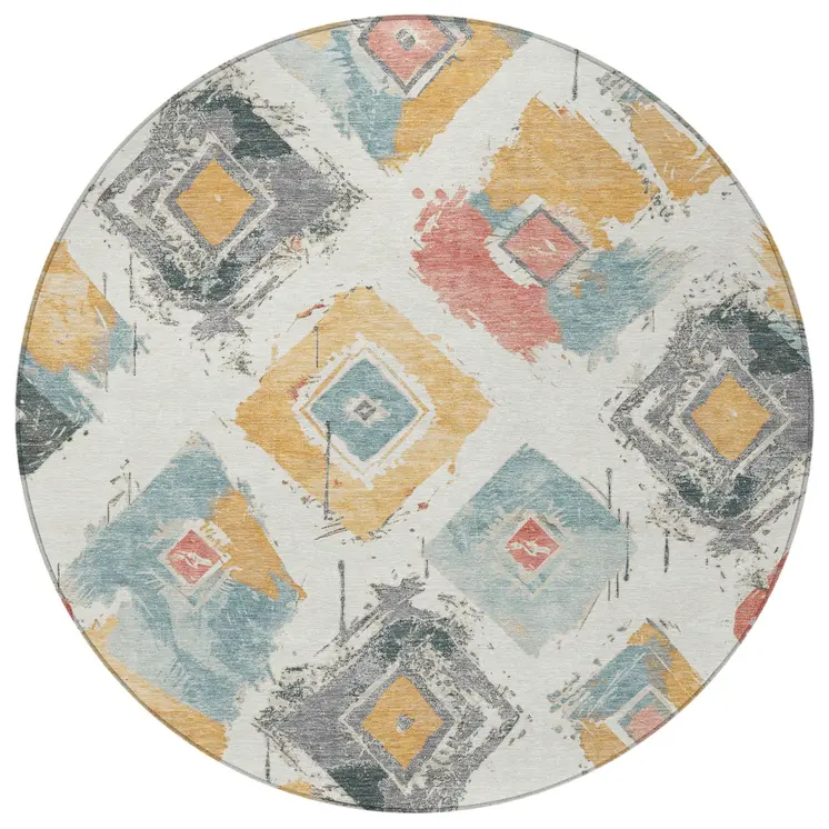 8' Ivory Gray Gold And Blush Round Geometric Washable Indoor Outdoor Area Rug