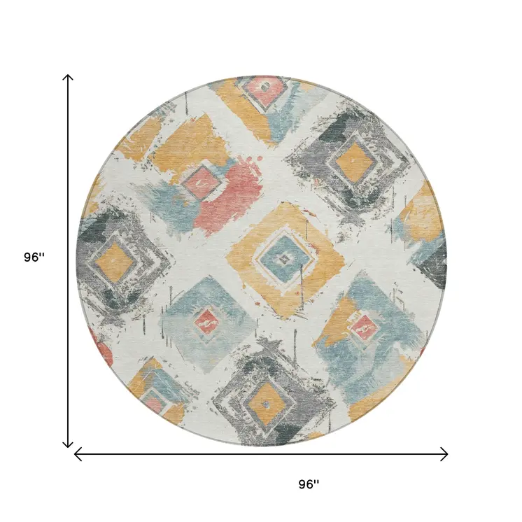8' Ivory Gray Gold And Blush Round Geometric Washable Indoor Outdoor Area Rug