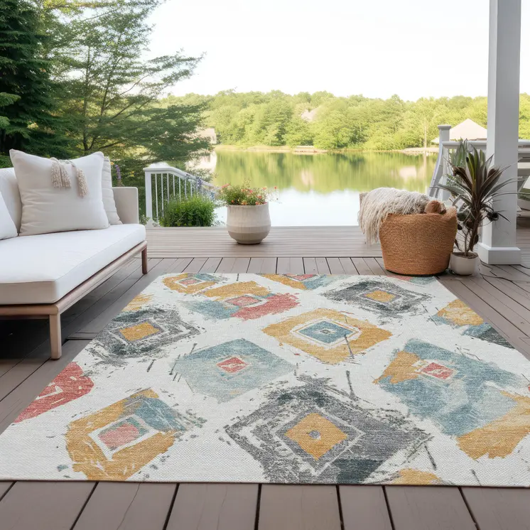 8' X 10' Ivory Gray Gold And Blush Geometric Washable Indoor Outdoor Area Rug
