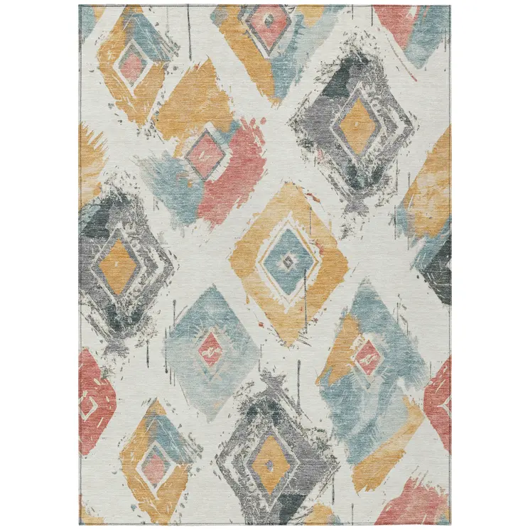 8' X 10' Ivory Gray Gold And Blush Geometric Washable Indoor Outdoor Area Rug