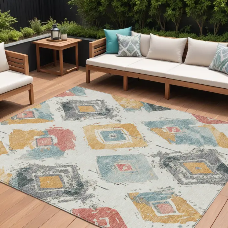 9' X 12' Ivory Gray Gold And Blush Geometric Washable Indoor Outdoor Area Rug