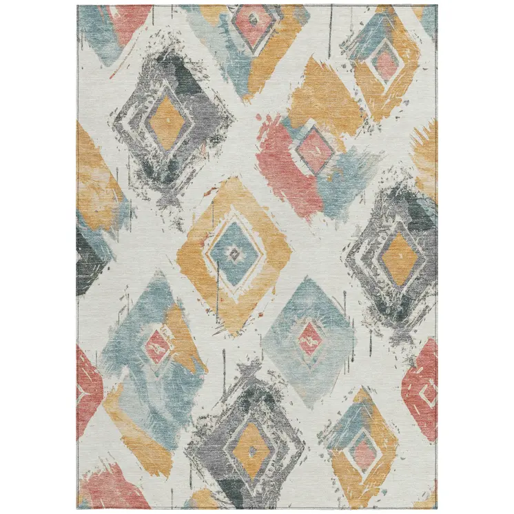 10' X 14' Ivory Gray Gold And Blush Geometric Washable Indoor Outdoor Area Rug