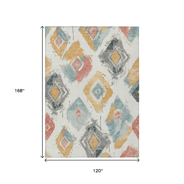 10' X 14' Ivory Gray Gold And Blush Geometric Washable Indoor Outdoor Area Rug