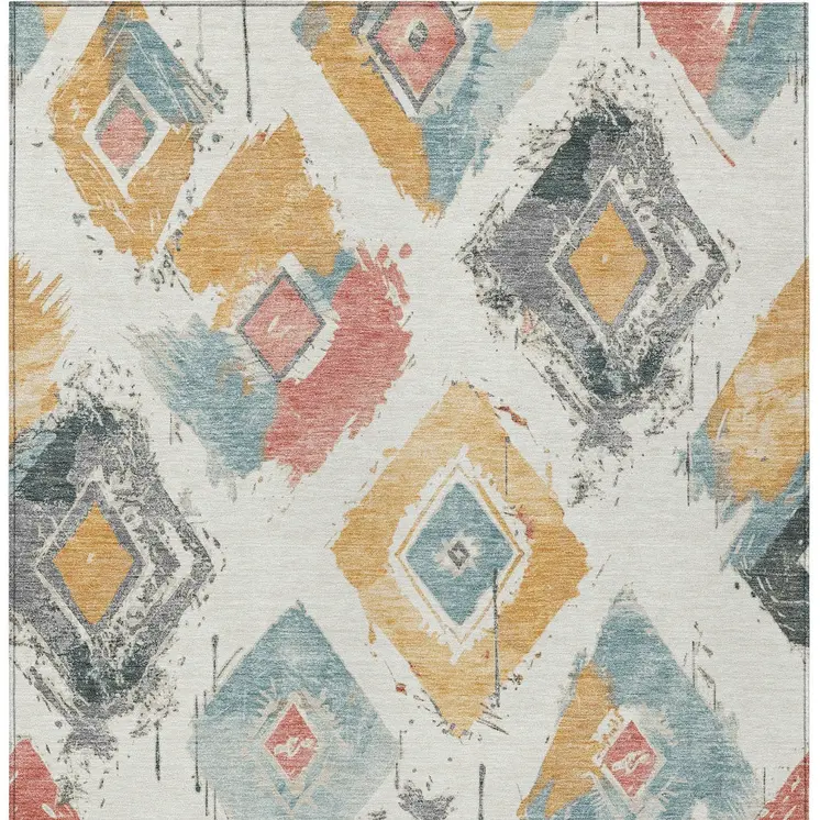 10' X 14' Ivory Gray Gold And Blush Geometric Washable Indoor Outdoor Area Rug