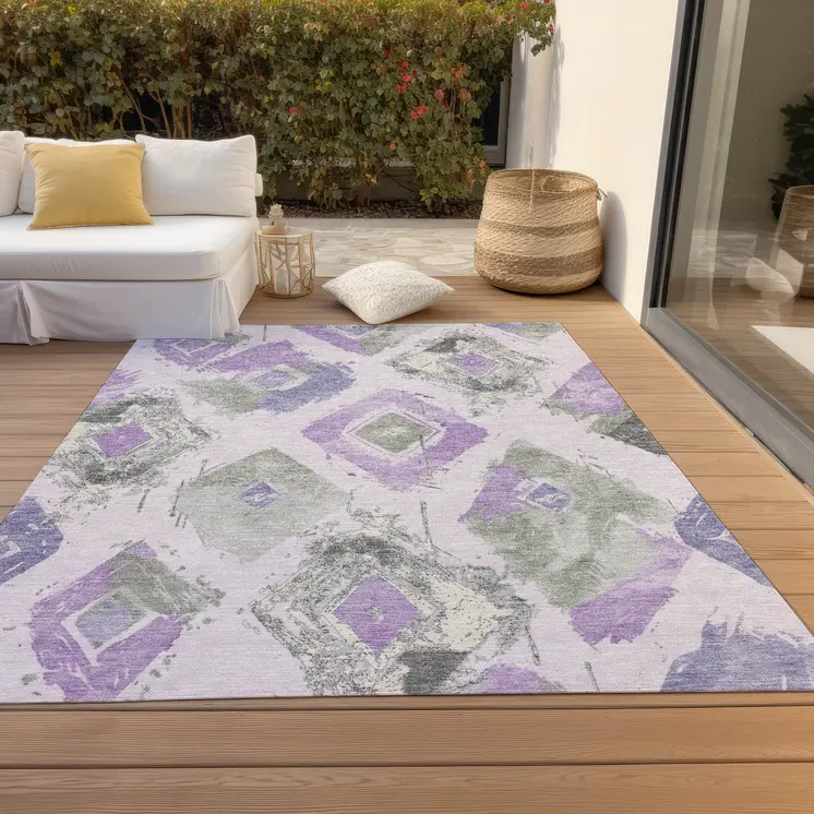 3' X 5' Lavender Gray And Ivory Geometric Washable Indoor Outdoor Area Rug