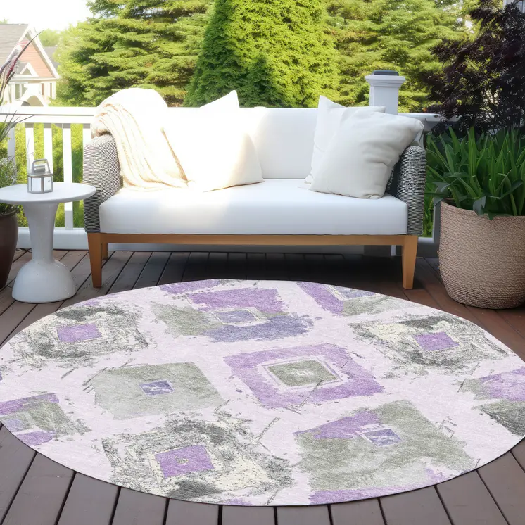 8' Lavender Gray And Ivory Round Geometric Washable Indoor Outdoor Area Rug