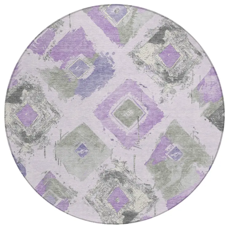 8' Lavender Gray And Ivory Round Geometric Washable Indoor Outdoor Area Rug