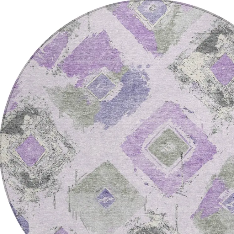 8' Lavender Gray And Ivory Round Geometric Washable Indoor Outdoor Area Rug