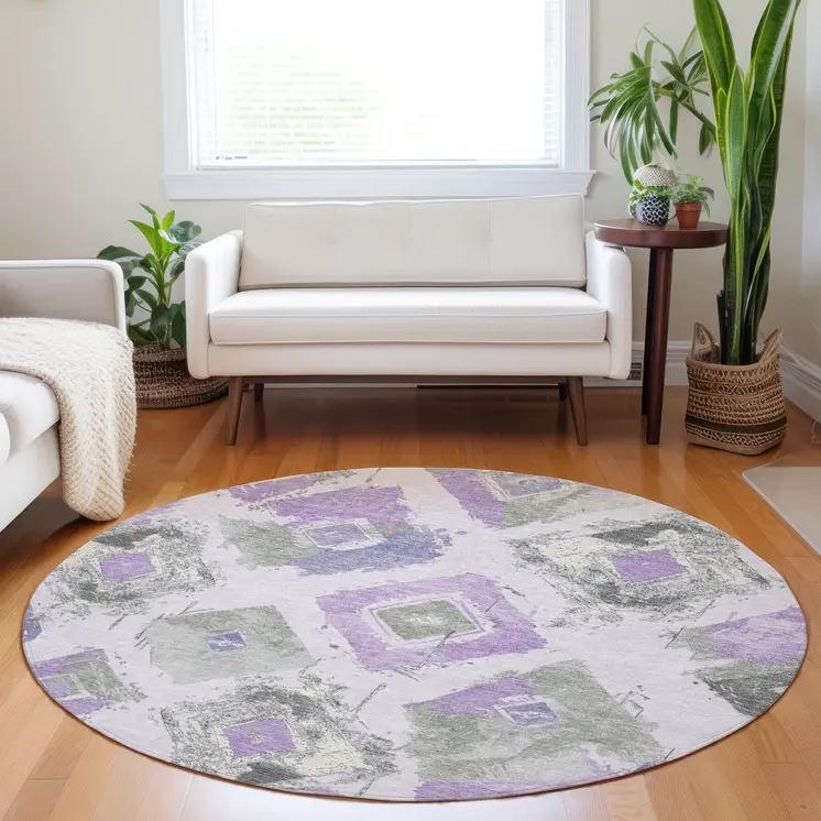 8' Lavender Gray And Ivory Round Geometric Washable Indoor Outdoor Area Rug
