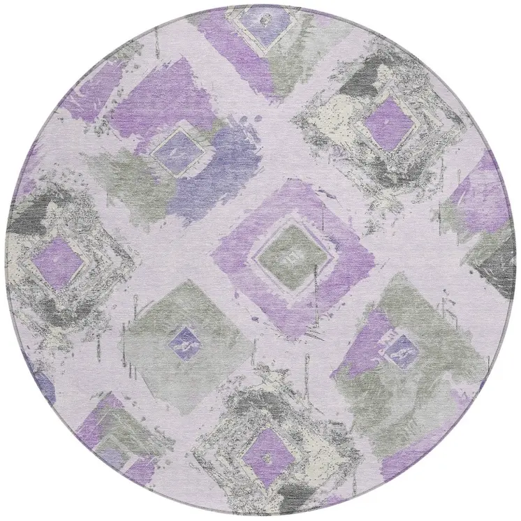 8' Lavender Gray And Ivory Round Geometric Washable Indoor Outdoor Area Rug