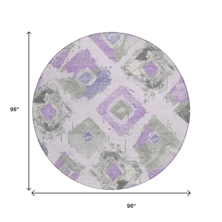 8' Lavender Gray And Ivory Round Geometric Washable Indoor Outdoor Area Rug