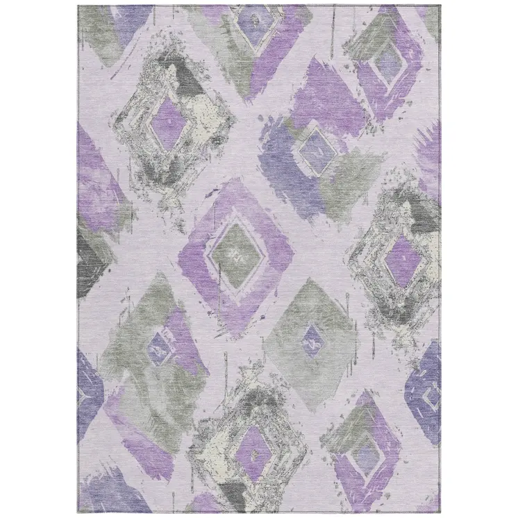 8' X 10' Lavender Gray And Ivory Geometric Washable Indoor Outdoor Area Rug