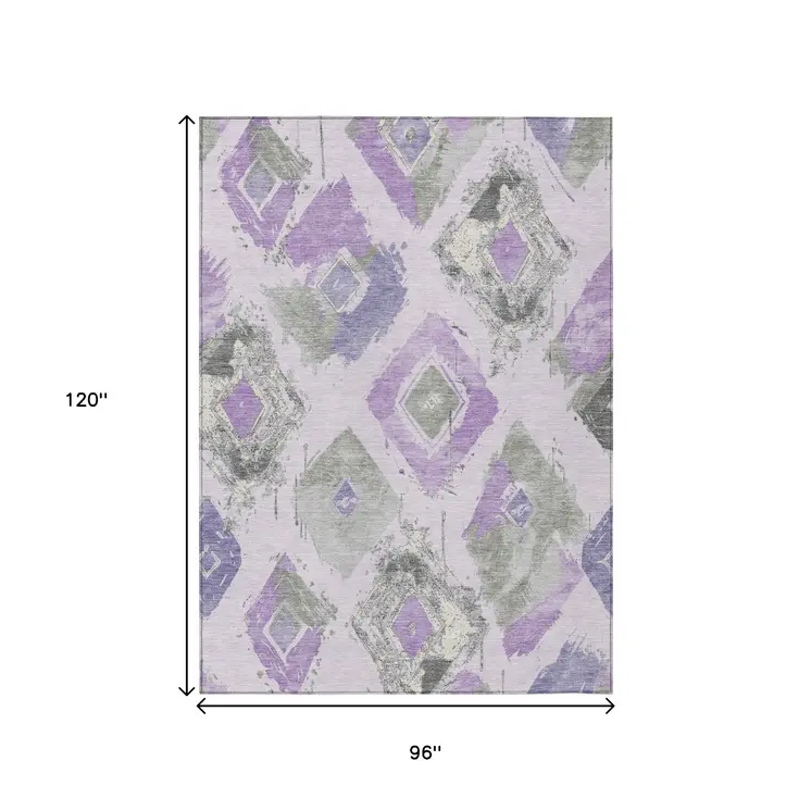 8' X 10' Lavender Gray And Ivory Geometric Washable Indoor Outdoor Area Rug