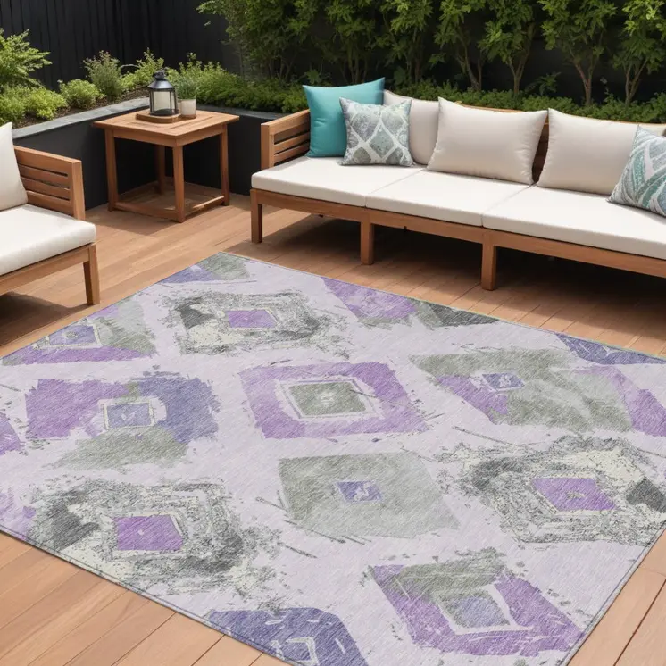 8' X 10' Lavender Gray And Ivory Geometric Washable Indoor Outdoor Area Rug
